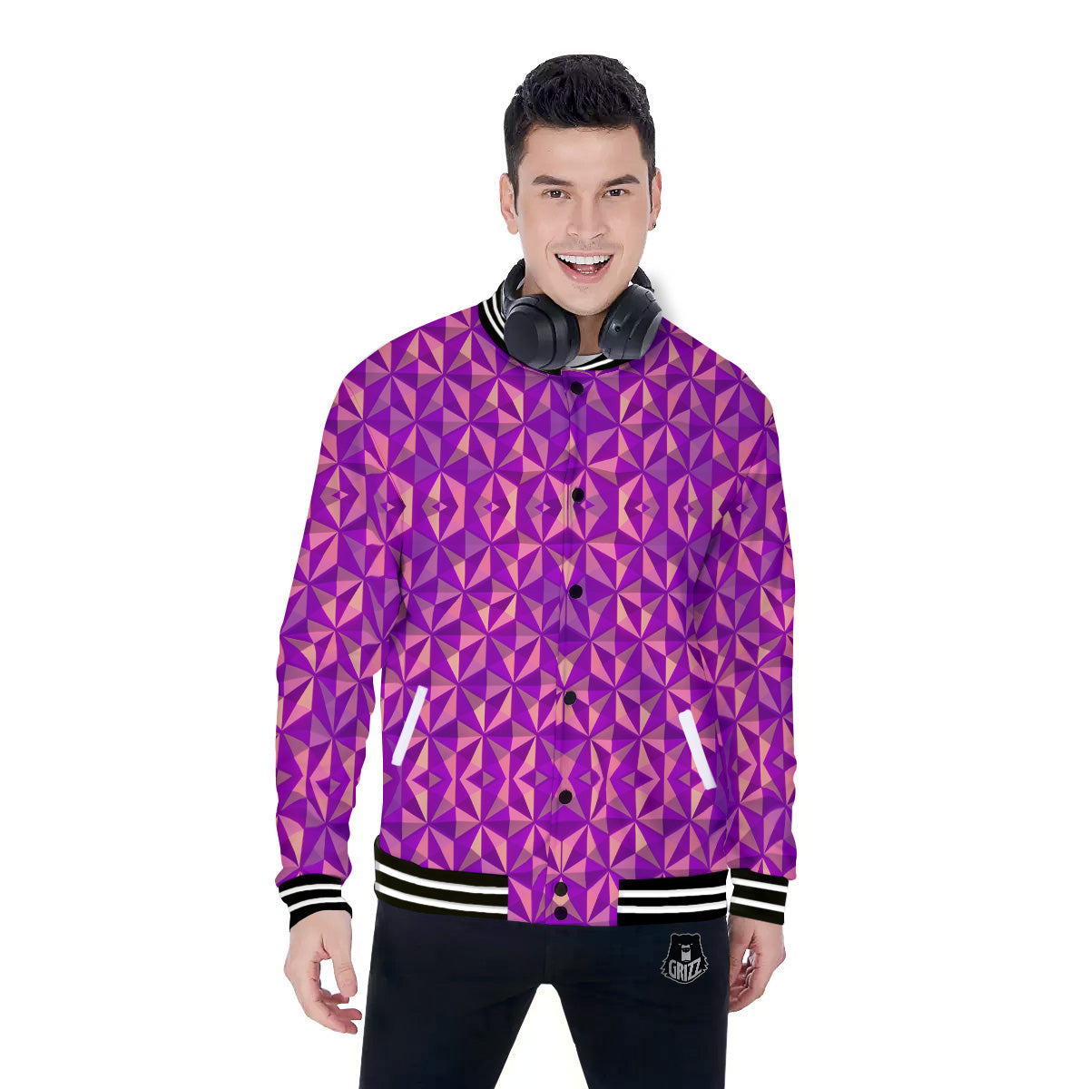 Purple Hexagonal Shape Print Pattern Baseball Jacket-grizzshop