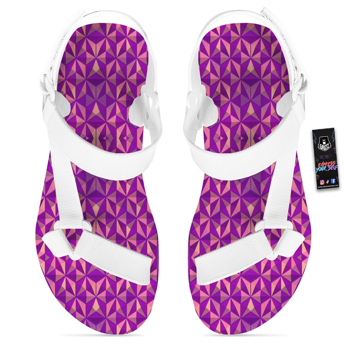 Purple Hexagonal Shape Print Pattern White Open Toe Sandals-grizzshop
