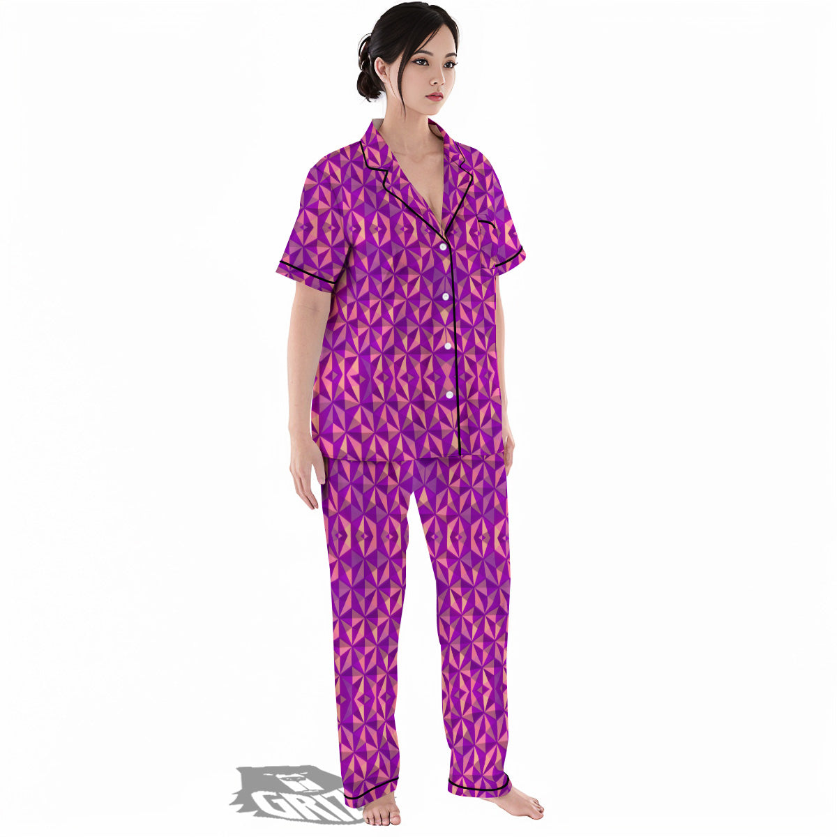 Purple Hexagonal Shape Print Pattern Women's Pajamas Set-grizzshop