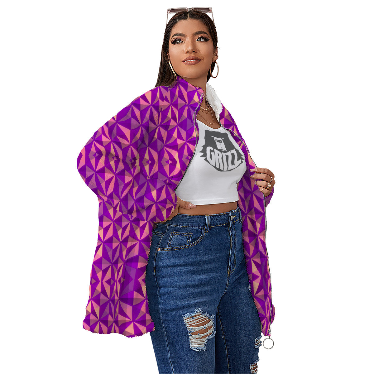 Purple Hexagonal Shape Print Pattern Women's Sherpa Jacket-grizzshop