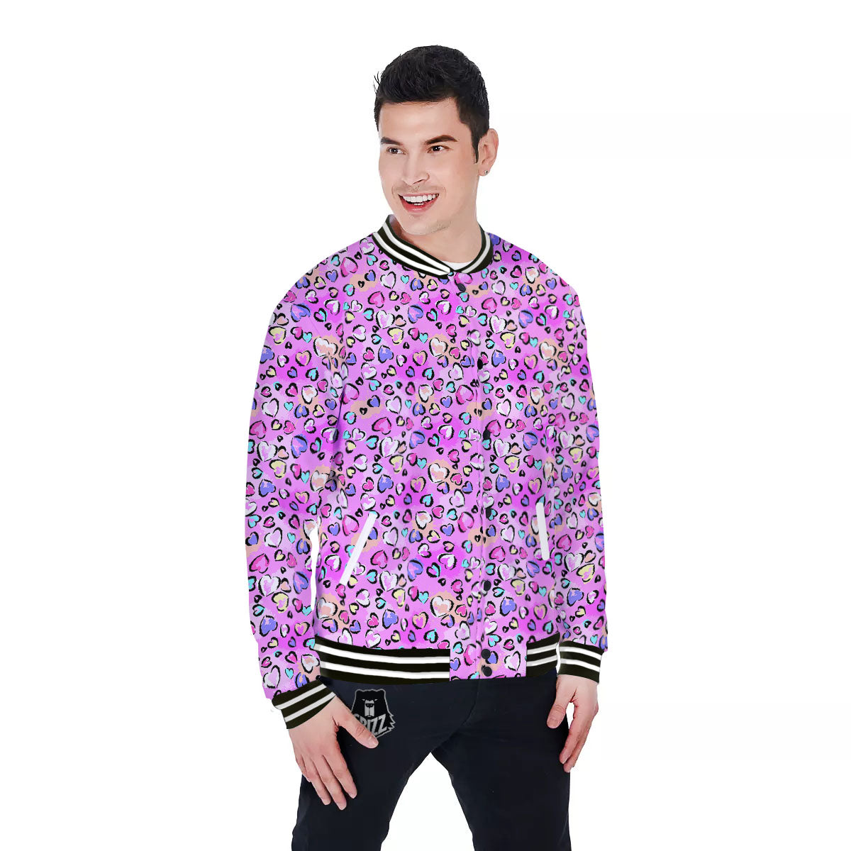 Purple Leopard Heart Colorful Print Pattern Baseball Jacket-grizzshop
