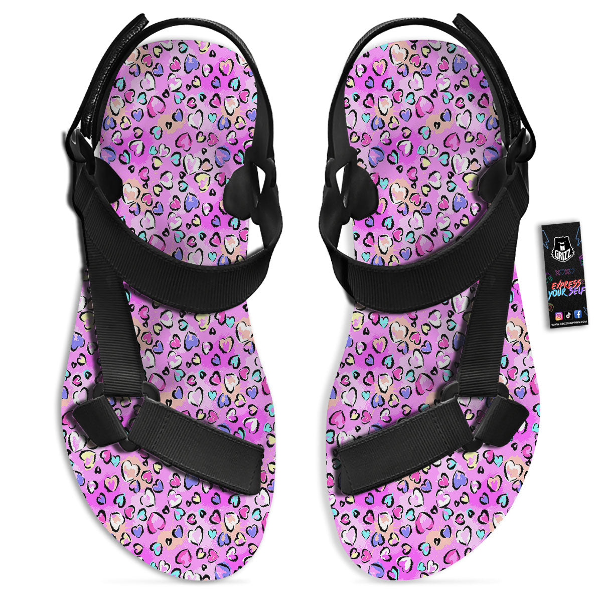 Purple Leopard Heart Colorful Print Pattern Black Open Toe Sandals-grizzshop