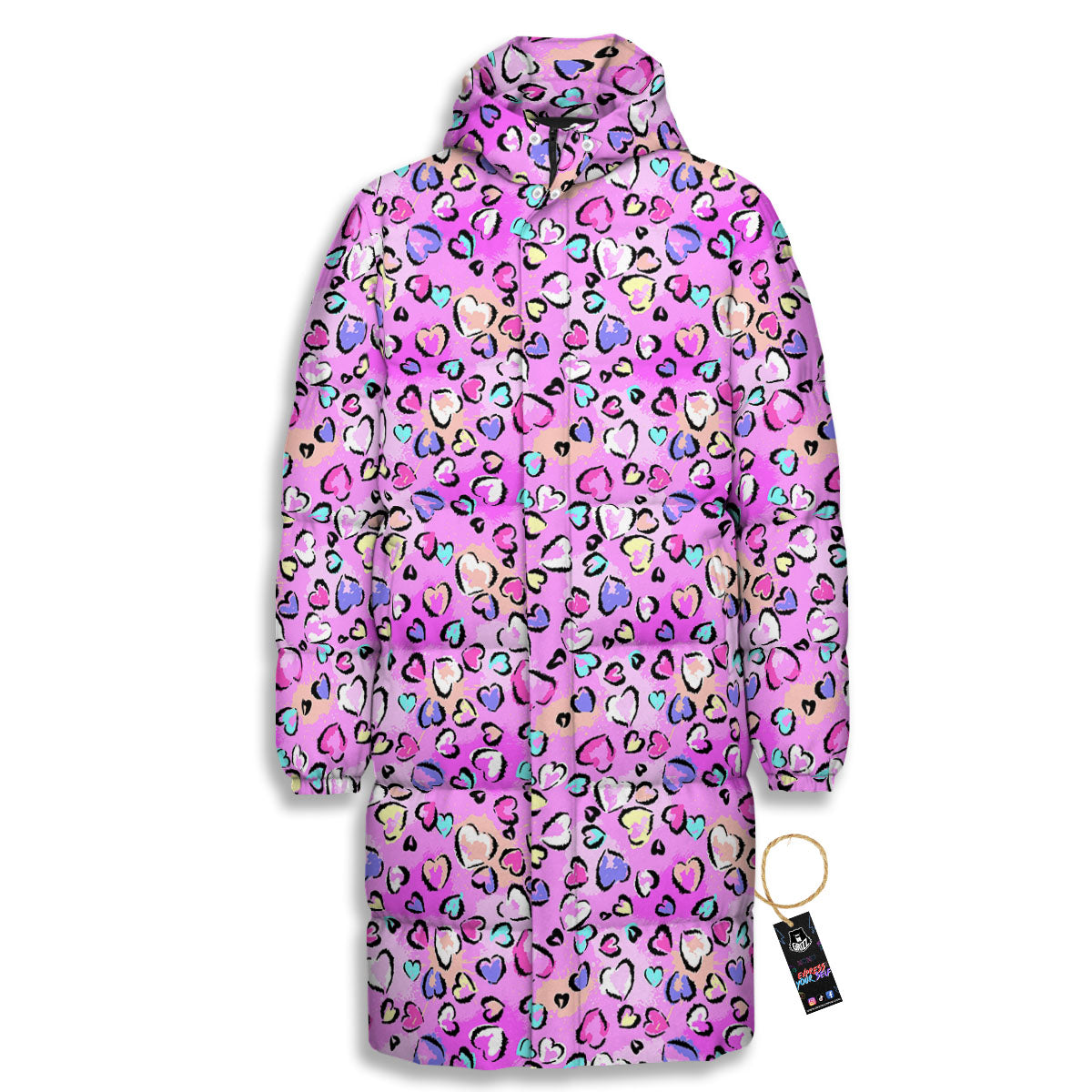 Purple Leopard Heart Colorful Print Pattern Long Down Jacket-grizzshop