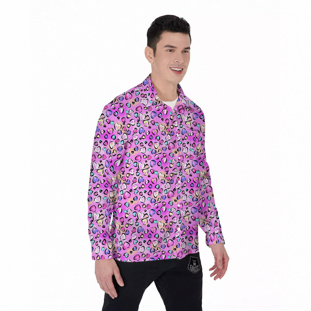 Purple Leopard Heart Colorful Print Pattern Men's Long Sleeve Shirts-grizzshop