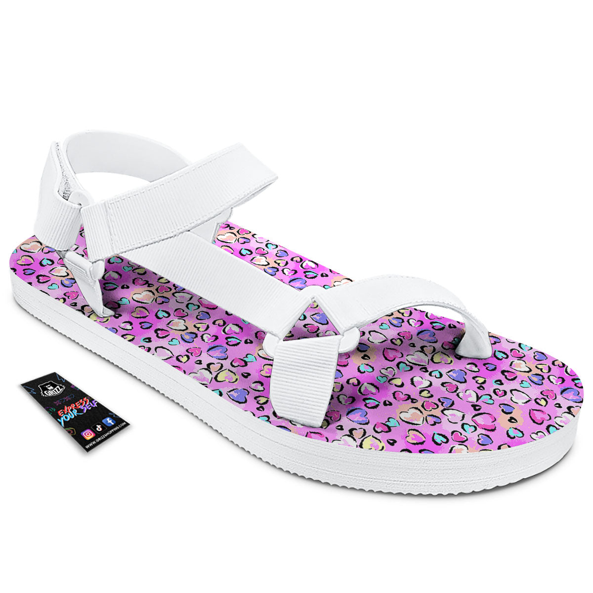 Purple Leopard Heart Colorful Print Pattern White Open Toe Sandals-grizzshop