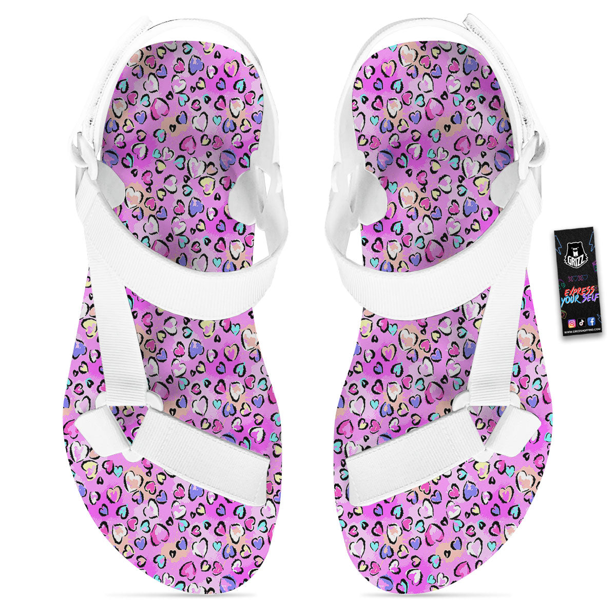 Purple Leopard Heart Colorful Print Pattern White Open Toe Sandals-grizzshop