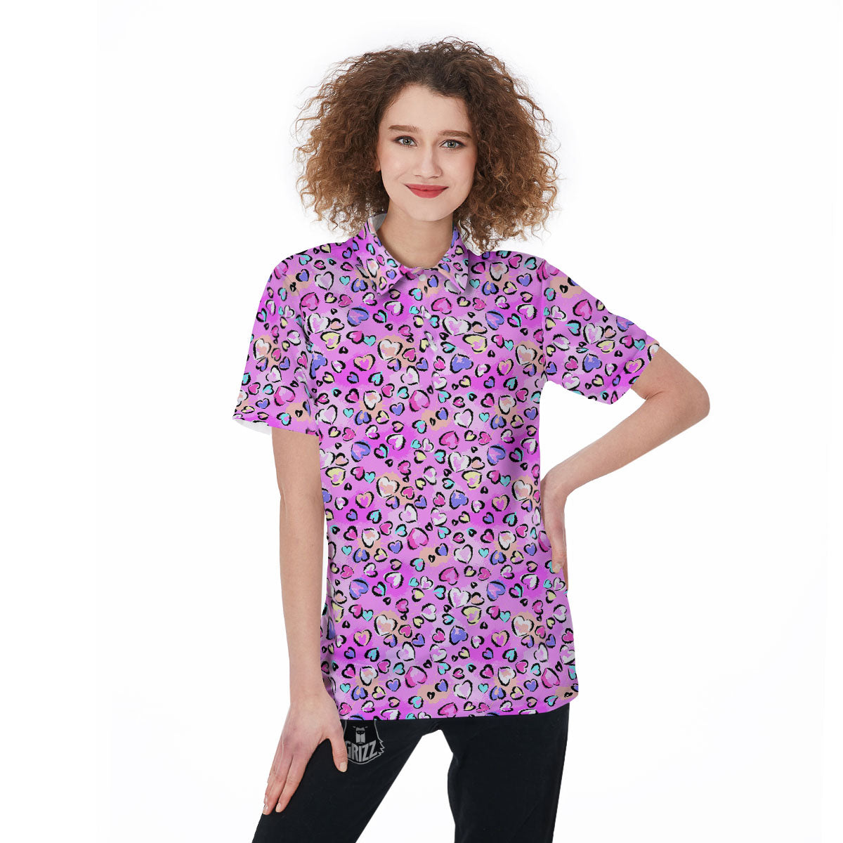 Purple Leopard Heart Colorful Print Pattern Women's Golf Shirts-grizzshop