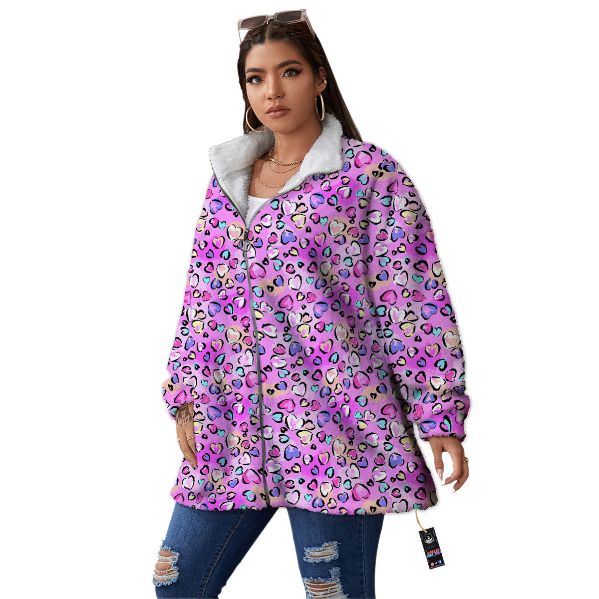 Purple Leopard Heart Colorful Print Pattern Women's Sherpa Jacket-grizzshop