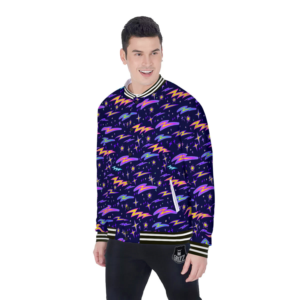 Purple Lightning Flashes Print Pattern Baseball Jacket-grizzshop
