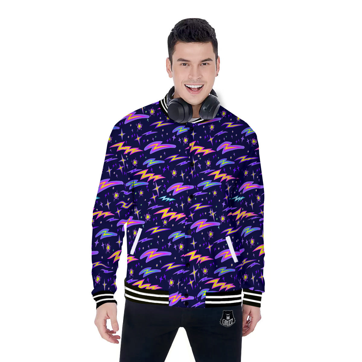 Purple Lightning Flashes Print Pattern Baseball Jacket-grizzshop