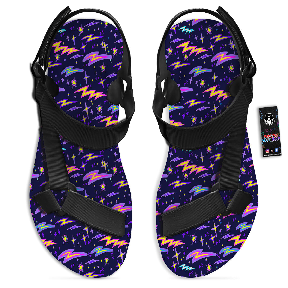 Purple Lightning Flashes Print Pattern Black Open Toe Sandals-grizzshop