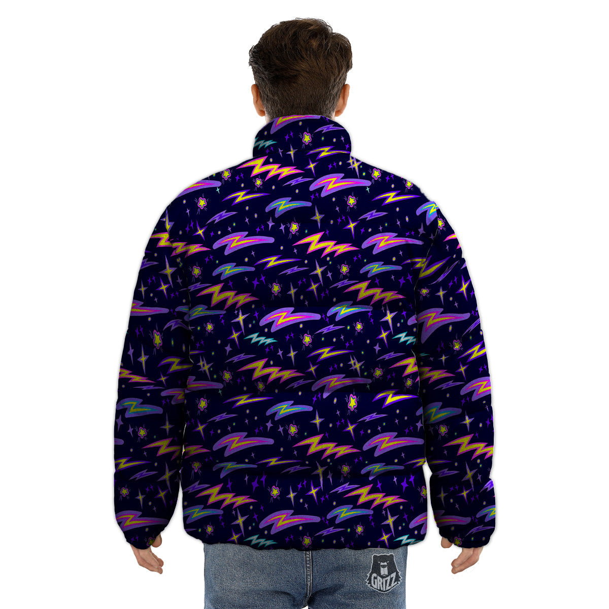 Purple Lightning Flashes Print Pattern Puffer Jacket-grizzshop