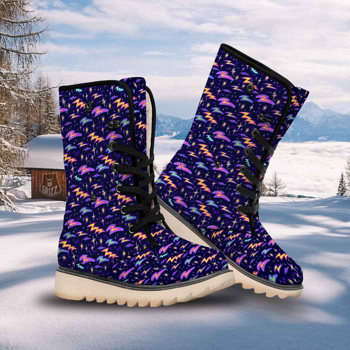 Purple Lightning Flashes Print Pattern Snow Boots-grizzshop