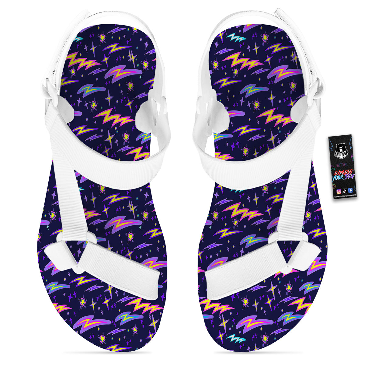 Purple Lightning Flashes Print Pattern White Open Toe Sandals-grizzshop