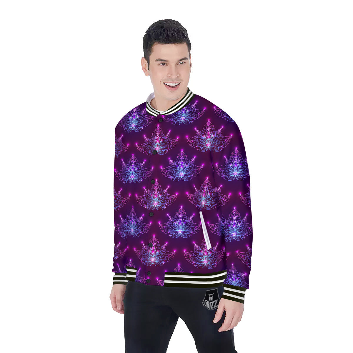 Purple Lotus Boho Print Pattern Baseball Jacket-grizzshop