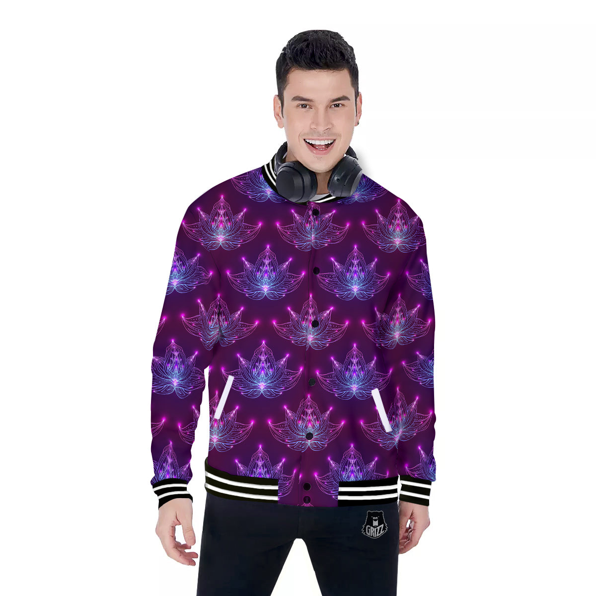 Purple Lotus Boho Print Pattern Baseball Jacket-grizzshop
