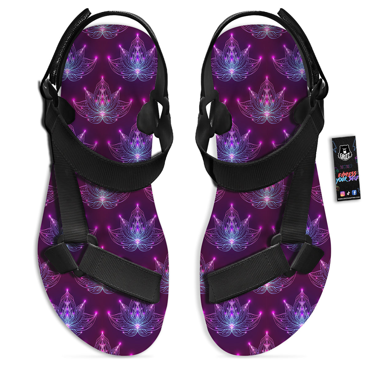 Purple Lotus Boho Print Pattern Black Open Toe Sandals-grizzshop