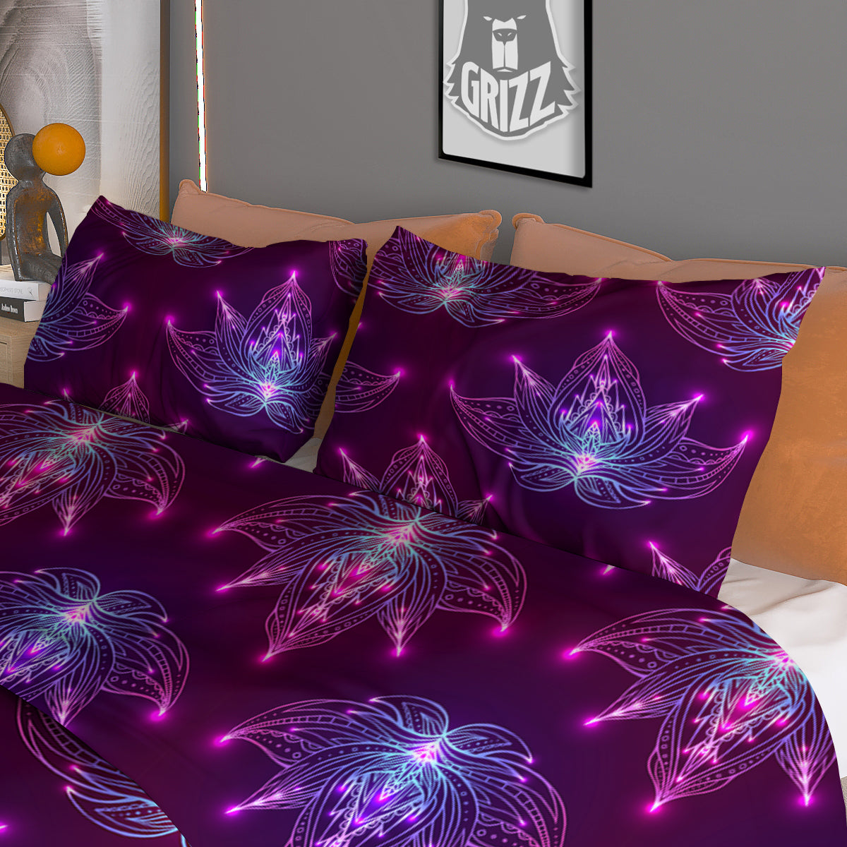 Purple Lotus Boho Print Pattern Duvet Cover Bedding Set