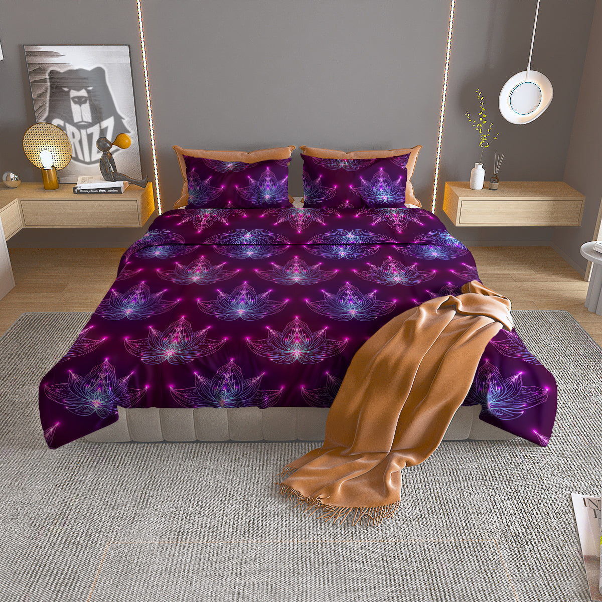 Purple Lotus Boho Print Pattern Duvet Cover Bedding Set