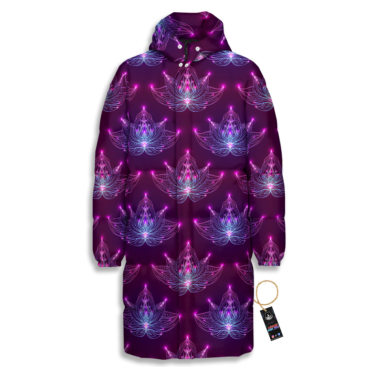 Purple Lotus Boho Print Pattern Long Down Jacket-grizzshop