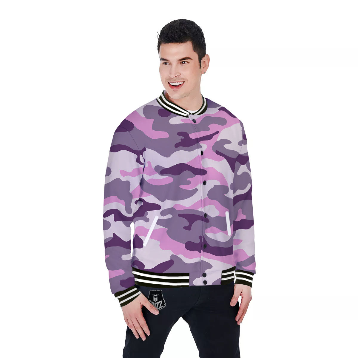Purple Pink And Grey Camouflage Print Baseball Jacket-grizzshop
