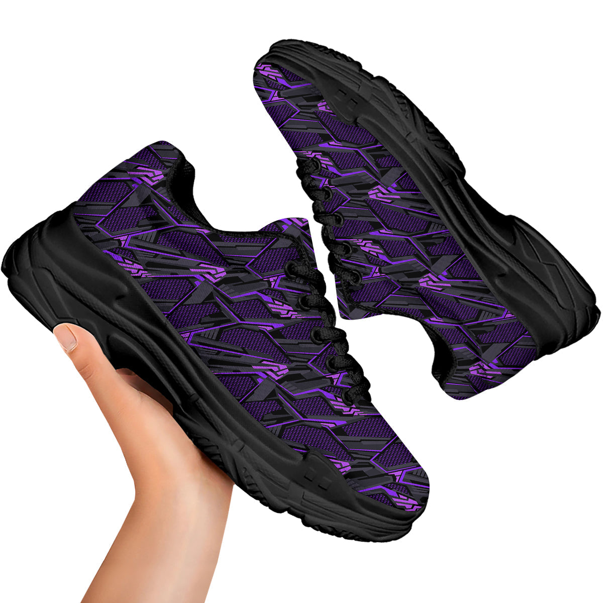 Purple Polygonal Shapes Print Black Chunky Shoes-grizzshop