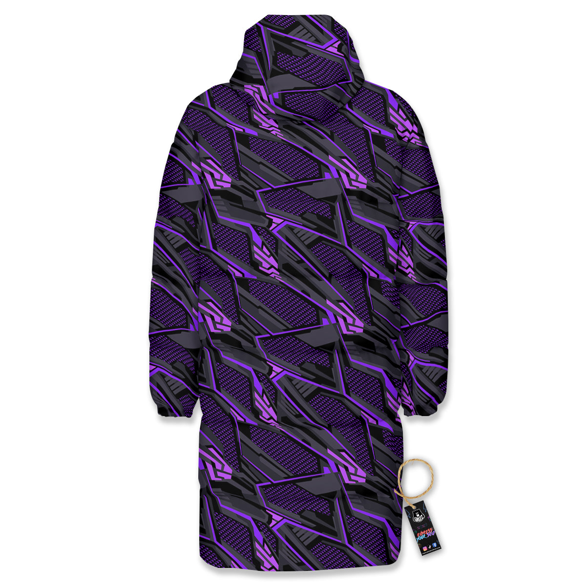 Purple Polygonal Shapes Print Long Down Jacket-grizzshop