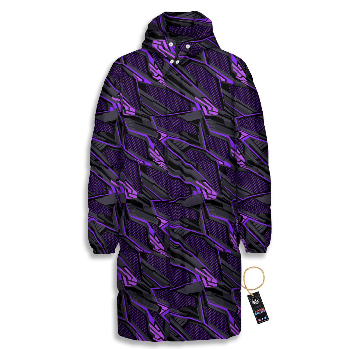 Purple Polygonal Shapes Print Long Down Jacket-grizzshop
