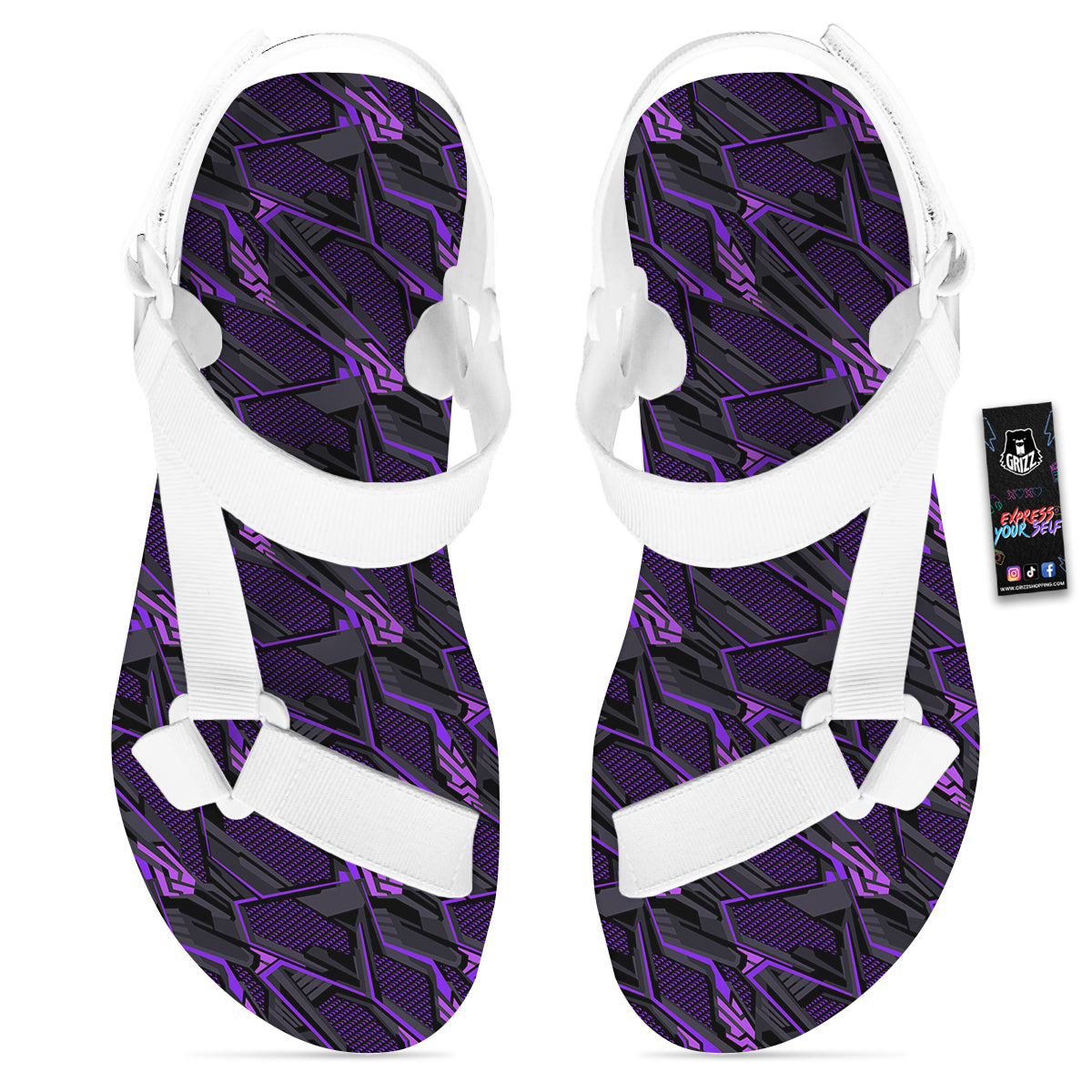 Purple Polygonal Shapes Print White Open Toe Sandals-grizzshop