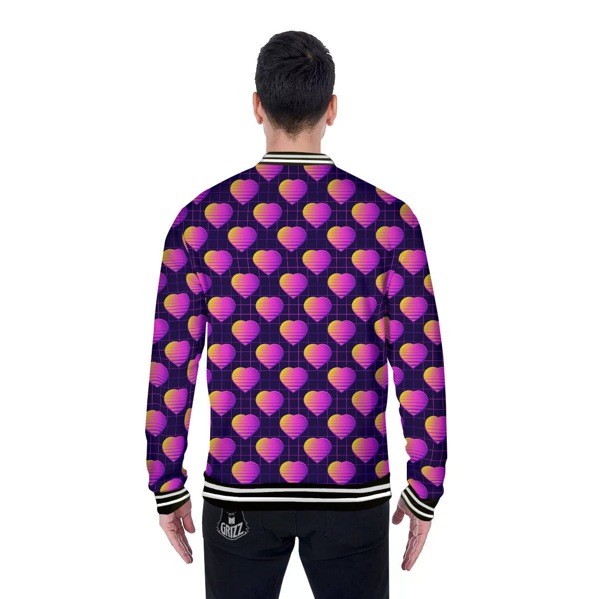 Purple Retro Heart Print Pattern Baseball Jacket-grizzshop