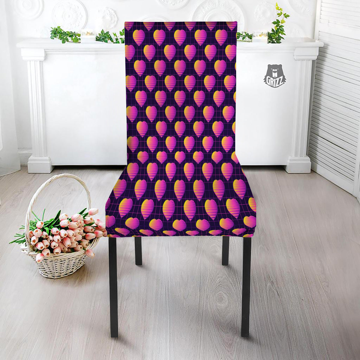 Purple Retro Heart Print Pattern Dining Chair Slipcover-grizzshop