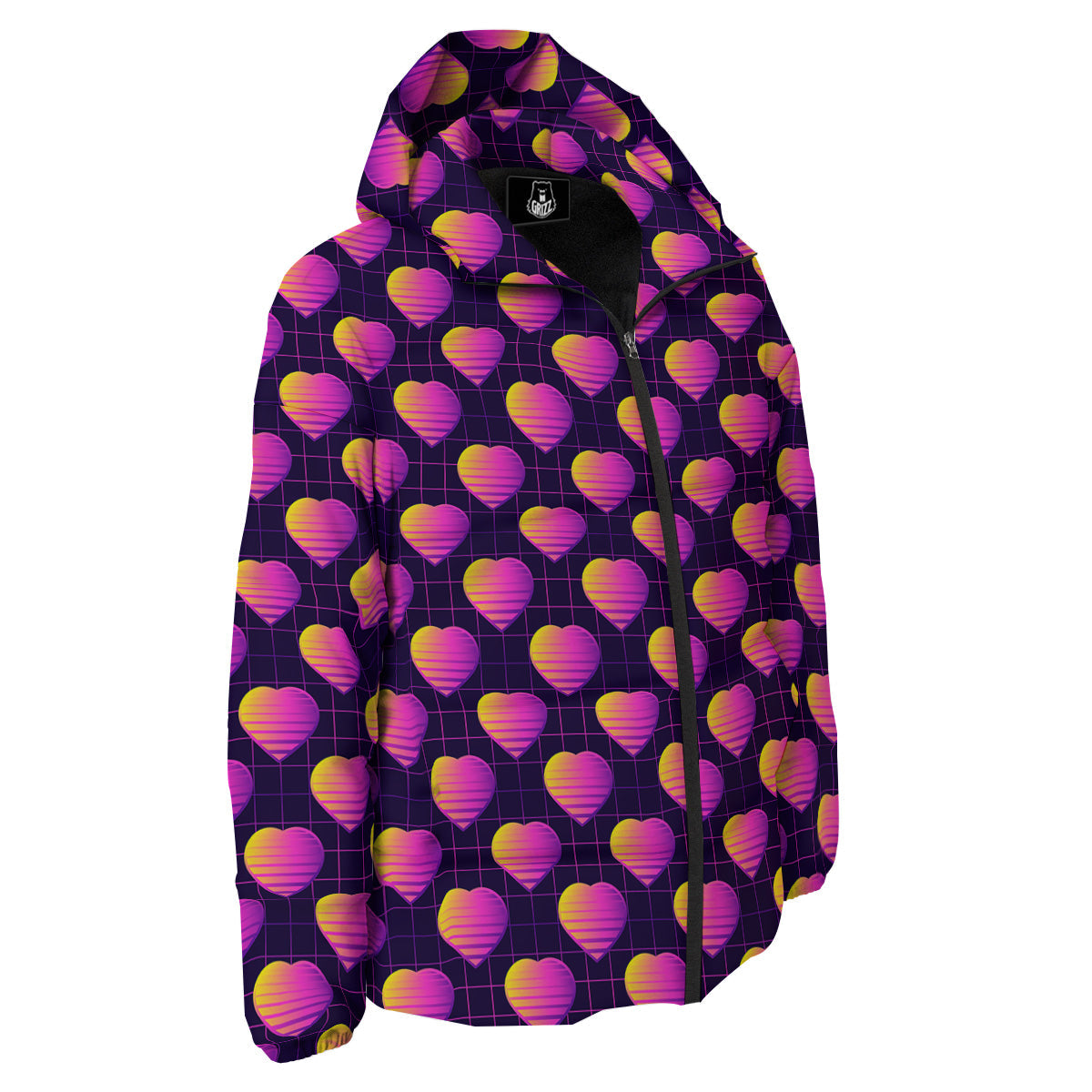Purple Retro Heart Print Pattern Down Jacket-grizzshop