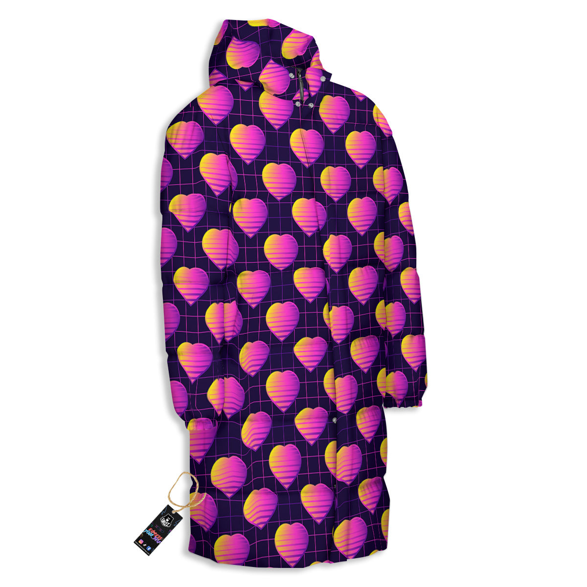 Purple Retro Heart Print Pattern Long Down Jacket-grizzshop