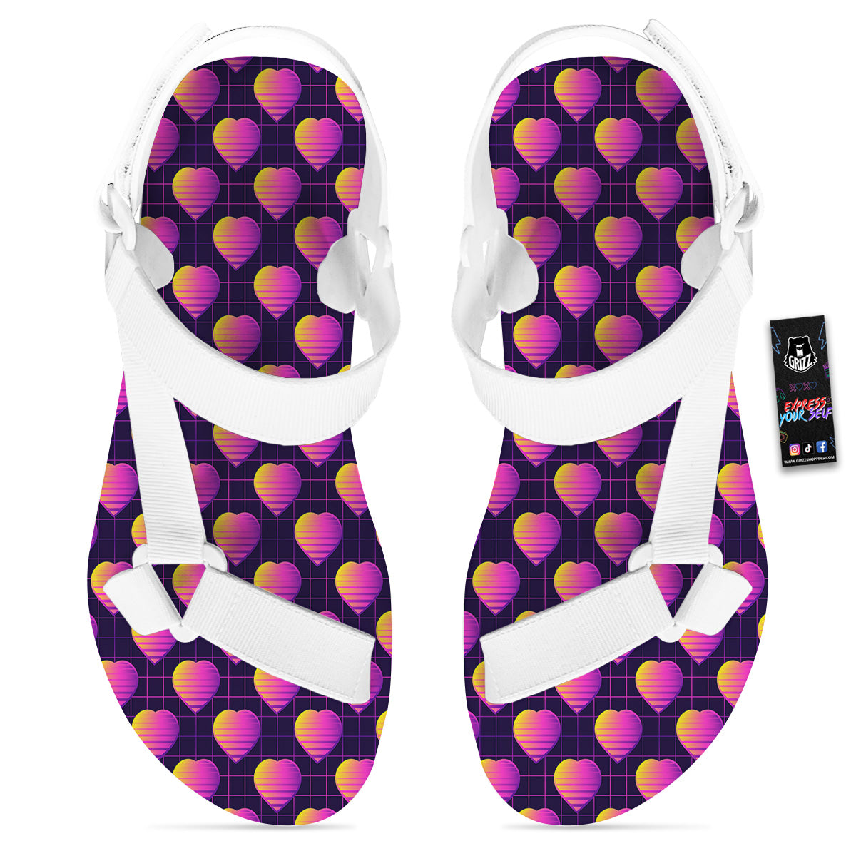 Purple Retro Heart Print Pattern White Open Toe Sandals-grizzshop