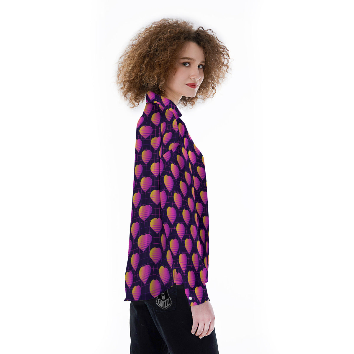 Purple Retro Heart Print Pattern Women's Long Sleeve Shirts-grizzshop