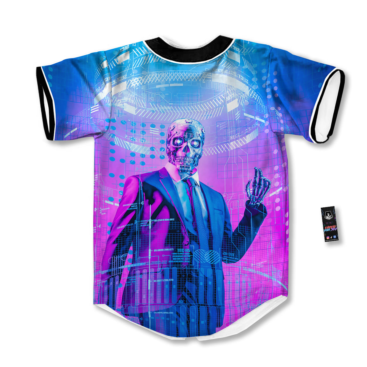 Purple Skeleton Cyber Print Baseball Jersey-grizzshop