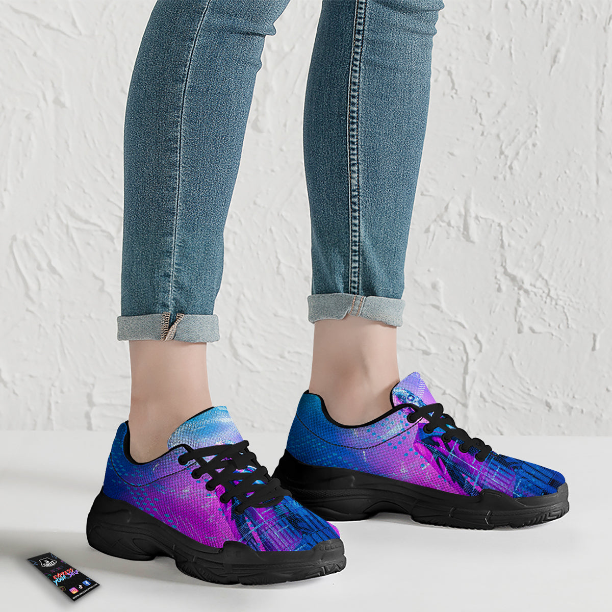 Purple Skeleton Cyber Print Black Chunky Shoes-grizzshop