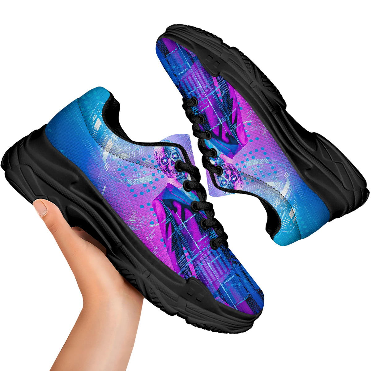 Purple Skeleton Cyber Print Black Chunky Shoes-grizzshop