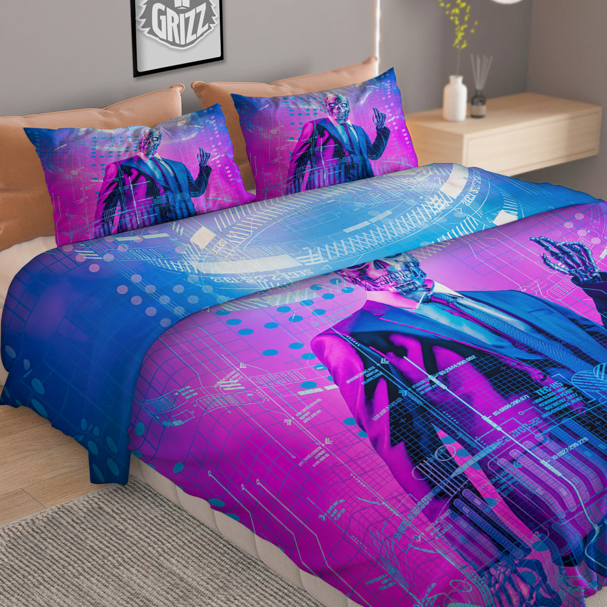Purple Skeleton Cyber Print Duvet Cover Bedding Set