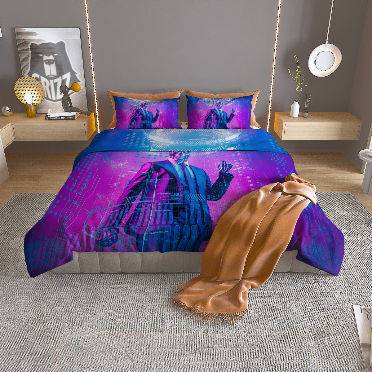 Purple Skeleton Cyber Print Duvet Cover Bedding Set
