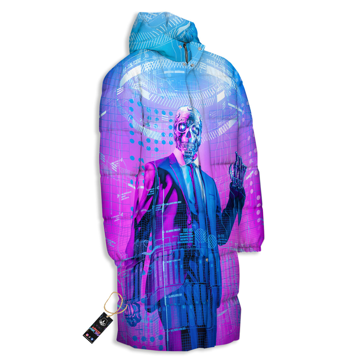 Purple Skeleton Cyber Print Long Down Jacket-grizzshop