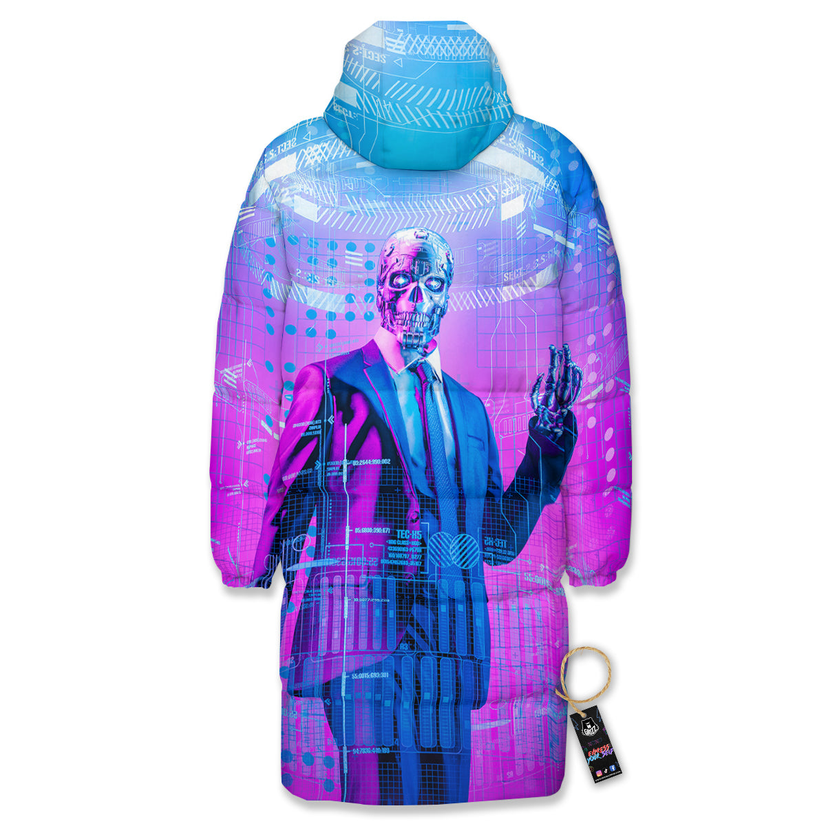 Purple Skeleton Cyber Print Long Down Jacket-grizzshop
