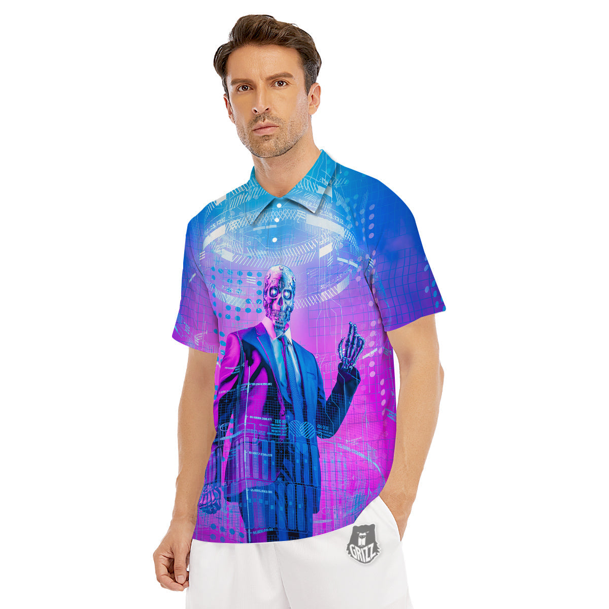 Purple Skeleton Cyber Print Men's Golf Shirts-grizzshop