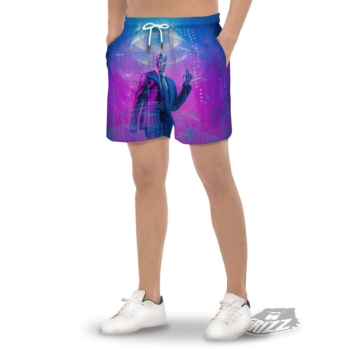 Purple Skeleton Cyber Print Men's Gym Shorts-grizzshop