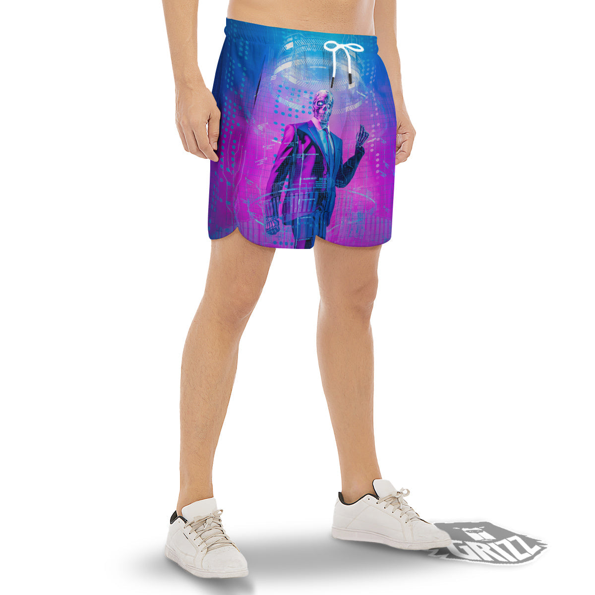 Purple Skeleton Cyber Print Men's Gym Shorts-grizzshop