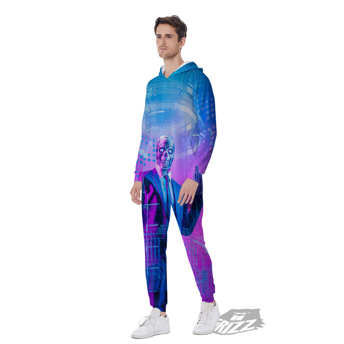Purple Skeleton Cyber Print Men's Jumpsuit-grizzshop