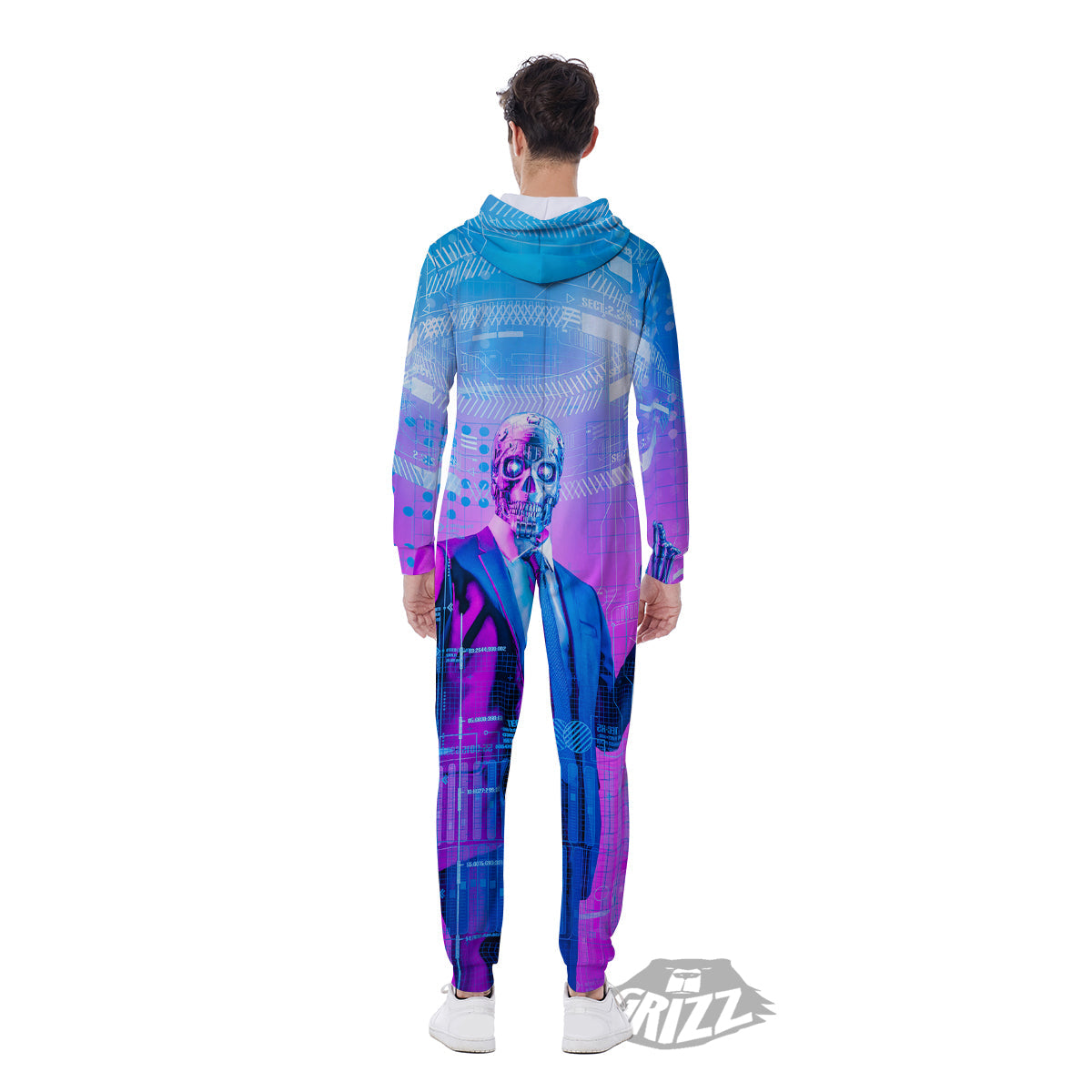 Purple Skeleton Cyber Print Men's Jumpsuit-grizzshop