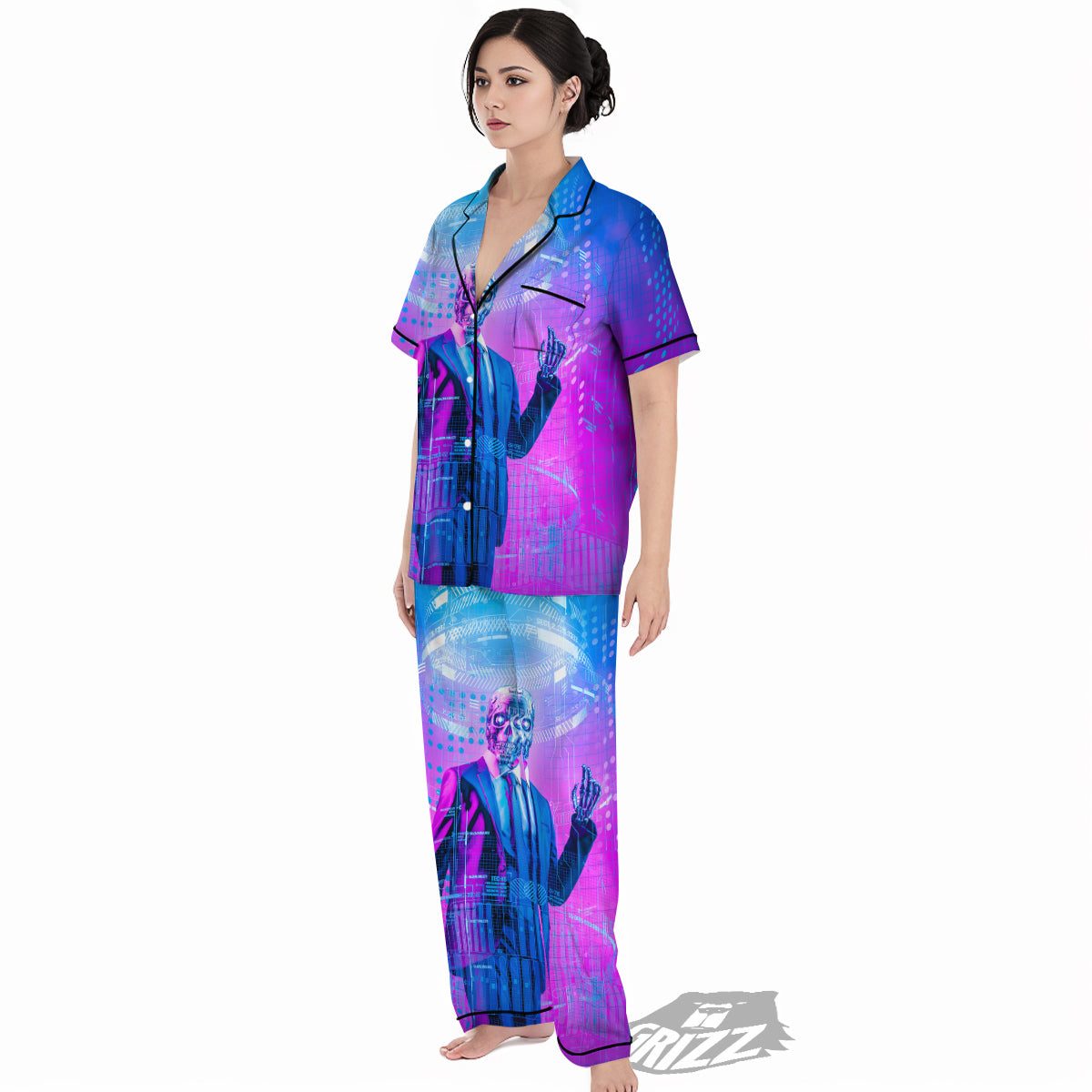 Purple Skeleton Cyber Print Women's Pajamas Set-grizzshop