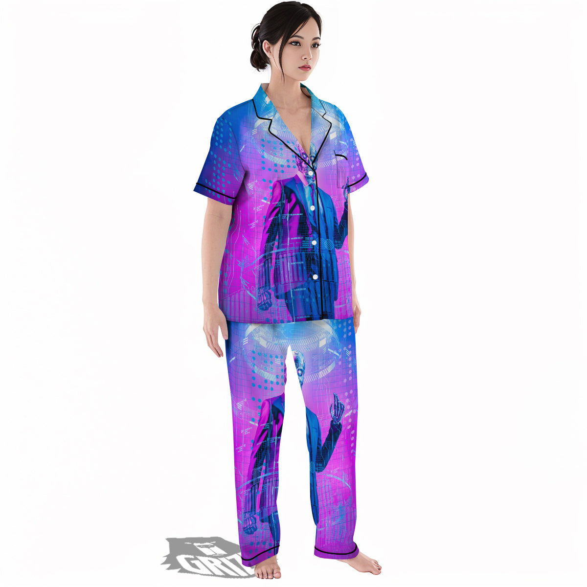 Purple Skeleton Cyber Print Women's Pajamas Set-grizzshop