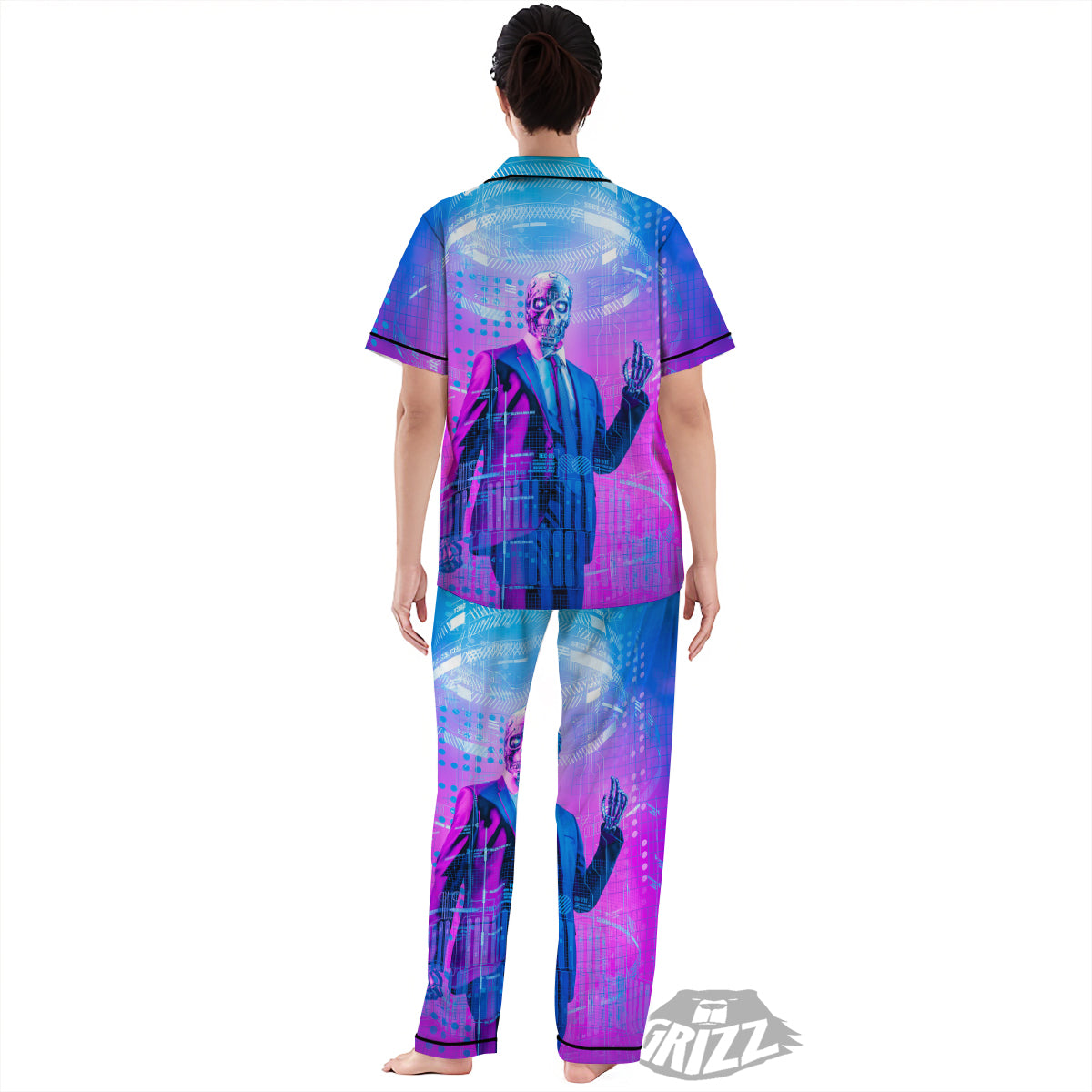Purple Skeleton Cyber Print Women's Pajamas Set-grizzshop